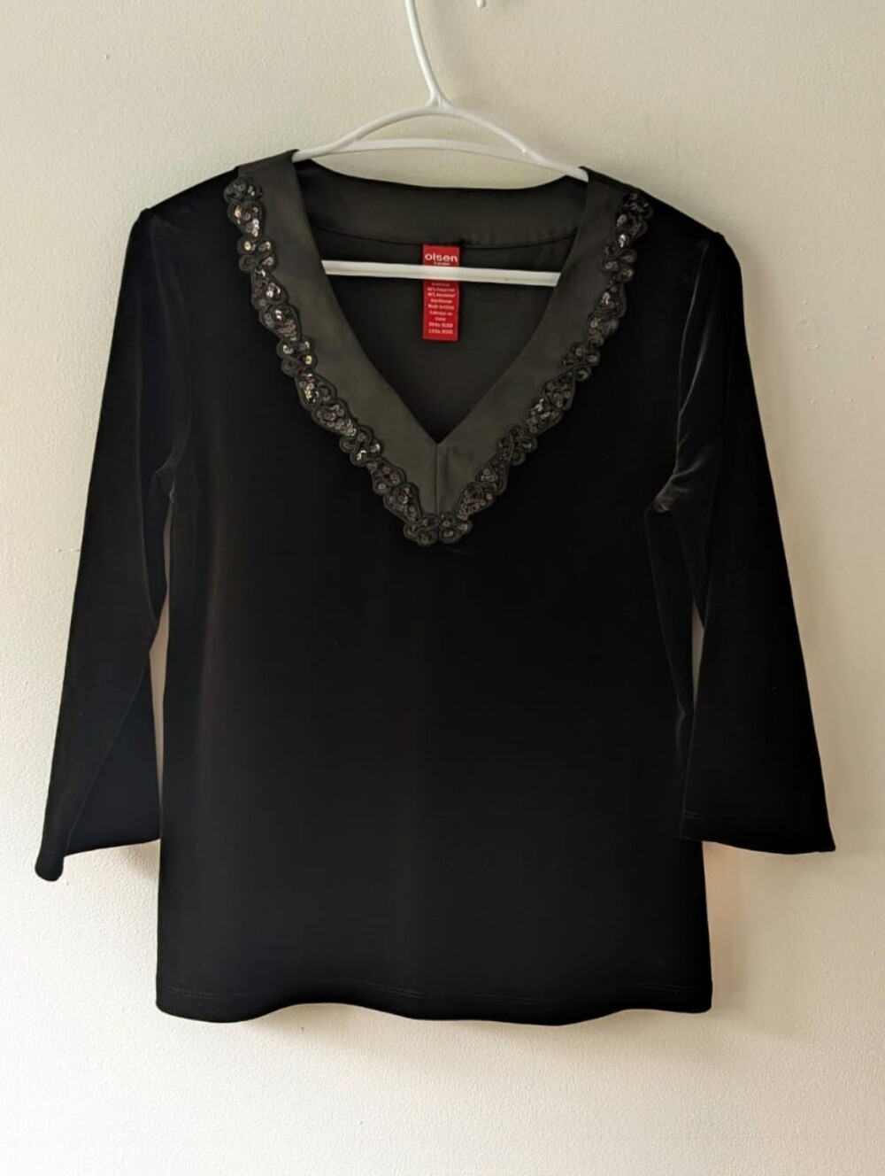 Olsen Europe Black Velvet Sequin V-Neck Top 3/4 Sleeve Blouse Elegant Chic 6 / S